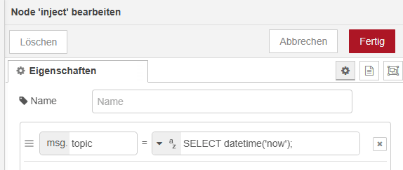 Node-RED - konfiguration der Injection Node für das msg-topic