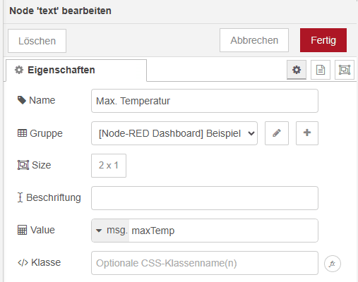 Node-RED - Konfiguration der Text-Node für die MAX-Temperatur