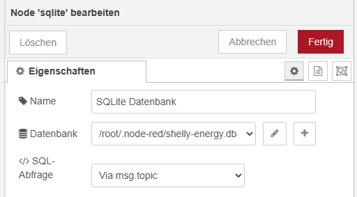 Node-RED - konfiguration der sqlite-Node