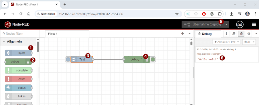 Node-RED - testen der Installation mit einfachem Flow