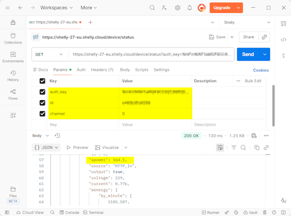 Postman - Anfrage an ein Shelly über die Cloud mit authKey