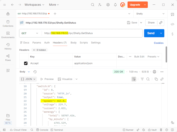Postman - lokale Anfrage an ein Shelly