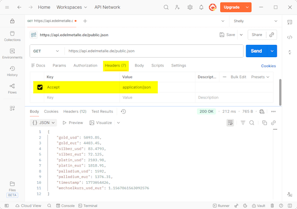 Postman - setzen des Wertes für Accept für formatierten JSON Response