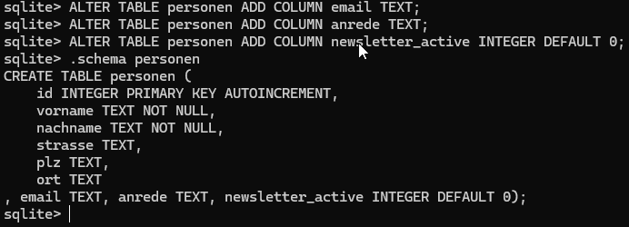 SQLite ALTER TABLE Statements für die Tabelle personen für den Newsletterversand