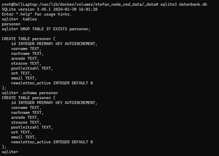SQLite Bash - ersetzen der Tabelle personen
