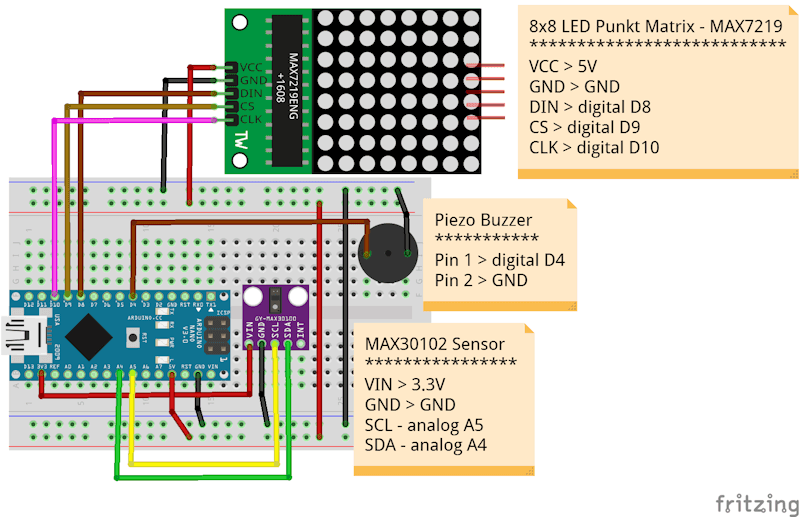 Schaltung - MAX30102 Sensor und 8x8 LED Punkt Matrix mit Buzzer am Arduino