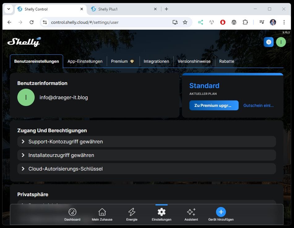 Shelly Controll - ServerURL und AuthKey ermitteln - Step 1