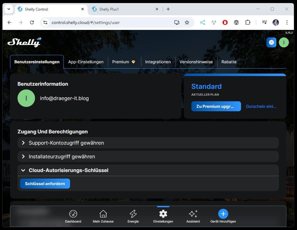 Shelly Controll - ServerURL und AuthKey ermitteln - Step 2