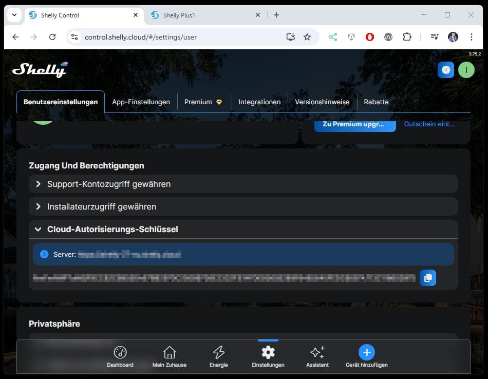 Shelly Controll - ServerURL und AuthKey ermitteln - Step 3