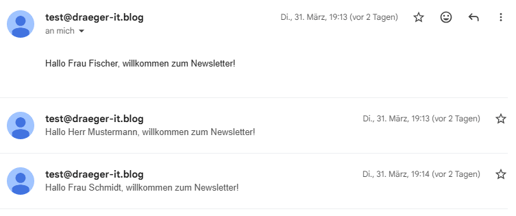 Testmails aus einem Newsletter Flow in Node-RED