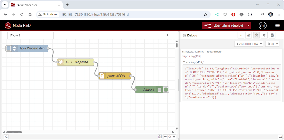 Flow zum abrufen von Wetterdaten in Node-RED
