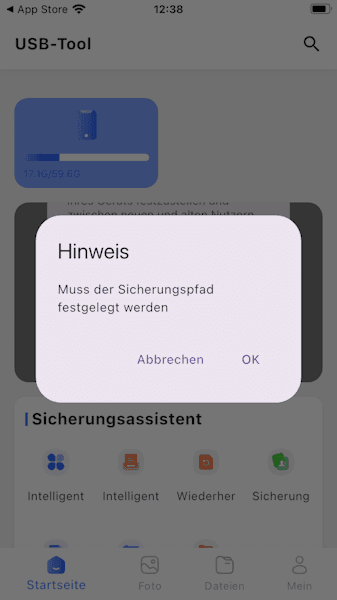 iOS App - O2G Flash - Hinweis das ein Sicherungspfad fehlt