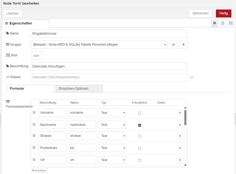 konfiguration des Fomulars