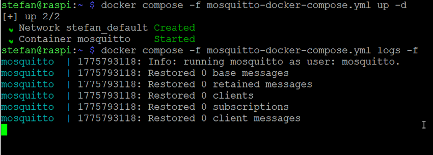Ausgabe der Logdatei des Mosquitto Brokers im Docker Container
