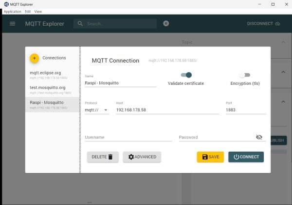 MQTT Explorer - Connection zum Raspberry Pi