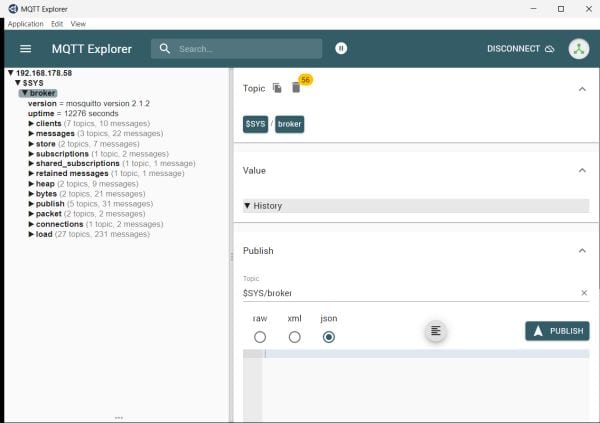 MQTT Explorer - Verbindung aufgebaut