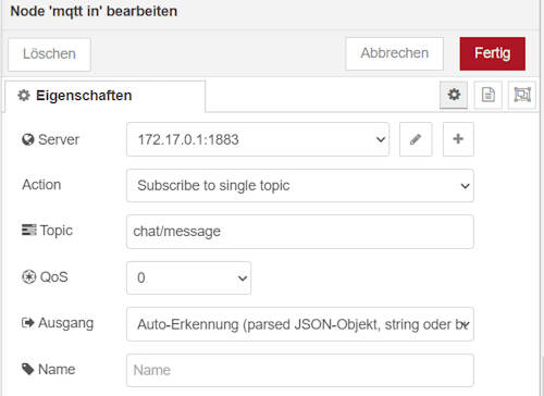 MQTT Node - Subscribe auf Topic