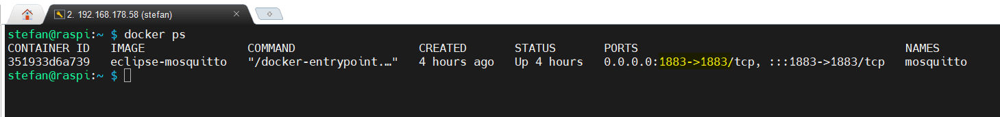 status des Docker Containers - MQTT Broker Mosquitto