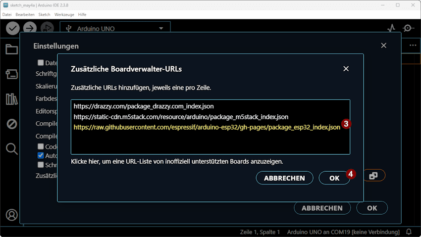 Arduino IDE - einrichten der Boardtreiber für ESP32 von Espressif - Step3