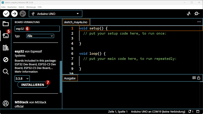 Arduino IDE - einrichten der Boardtreiber für ESP32 von Espressif - Step4