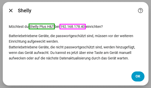 Einrichten des Shelly H&T im Home Assistant Name und IP-Adresse prüfen - Hinweis auf Batteriebetriebene Geräte