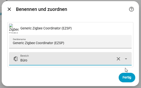 Home Assistant - ZHA hinzufügen - Step 5 - Gerät benennen und einem Bereich zuordnen
