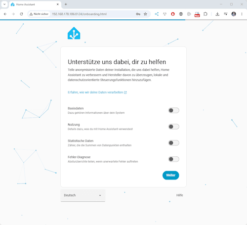 Home Assistant - erster Start - Informationen senden