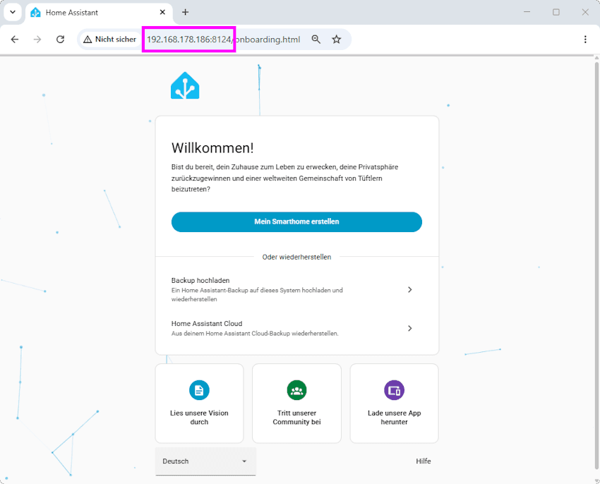 Home Assistant erster start nach der Einrichtung im Docker Container