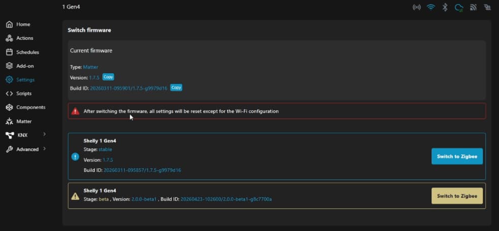 Shelly Gen4 wechsel der Firmware für ZigBee - Hinweis