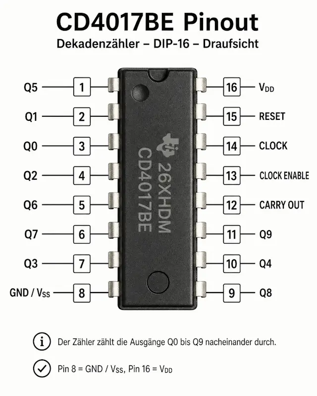 Pinbelegung des Dekadenzählers CD4017BE 