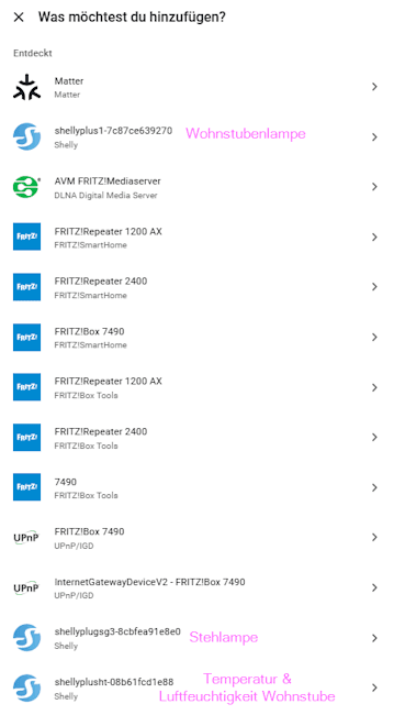 erkannte Shelly Geräte im Netzwerk