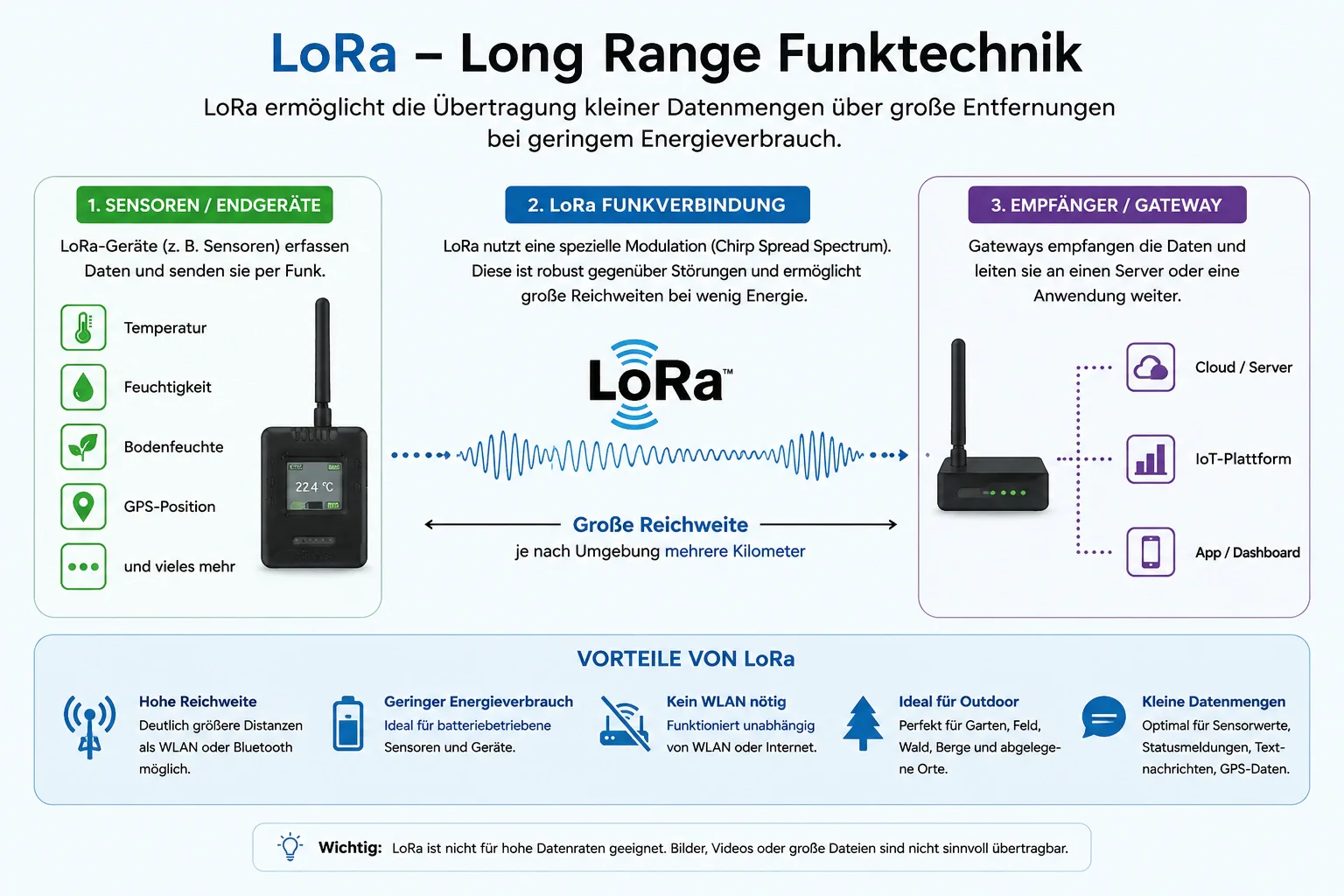 Schaubild zur Erklärung von LoRa mit Sensoren, Funkverbindung, Gateway und den wichtigsten Vorteilen wie Reichweite und geringem Energieverbrauch.