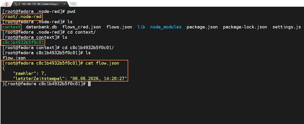 Screenshot des Node-RED Context-Ordners mit der Datei flow.json, in der persistente Flow-Context-Daten gespeichert werden.
