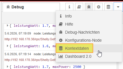 Screenshot des Node-RED-Menüs mit dem Reiter Contextdaten in der Seitenleiste.