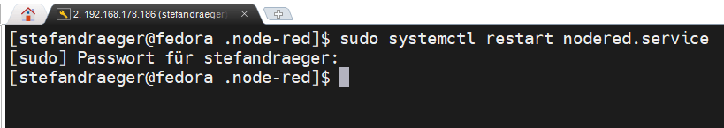 Screenshot zum Neustarten von Node-RED nach einer Änderung an der settings.js.
