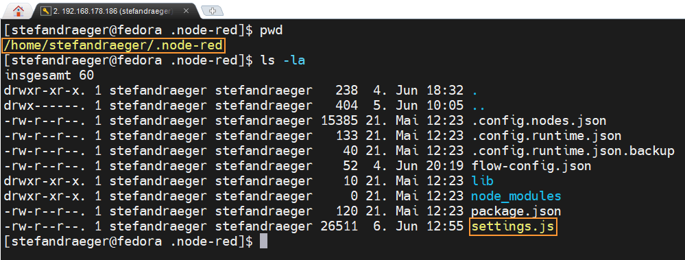 Screenshot des Node-RED-Verzeichnisses mit der Datei settings.js und ihrem Speicherort.