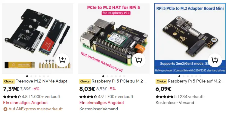 Screenshot eines NVMe HAT für den Raspberry Pi, mit dem eine SSD als Alternative zur microSD-Karte genutzt werden kann.