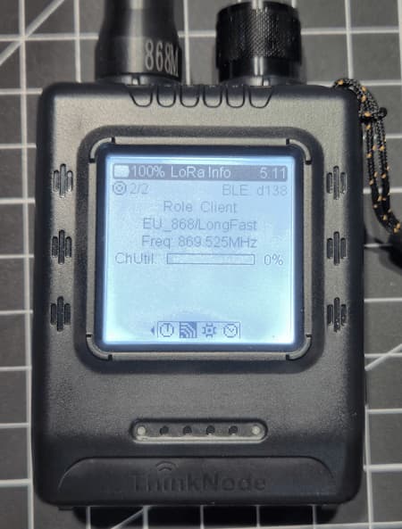 LoRa-Informationen des ThinkNode M5 mit Band und Frequenzanzeige