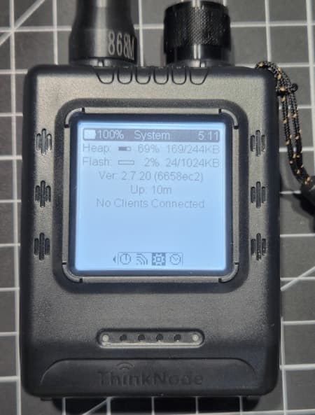 Systeminformationen des ThinkNode M5 mit Heap, Flash, Firmwareversion und Uptime