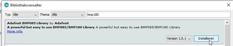 Adafruit Bibliothek BMP180 über den Bibliotheksverwalter installieren