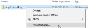 Entpacken der Zip Datei über das Kontextmenü.