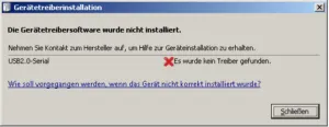 Dialog vom der Gerätetreiberinstallation, dass kein Treiber gefunden wurde.