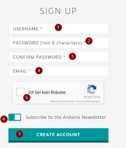 Arduino IDE WEB Editor - Create Account - Daten zur Registrierung eingeben.