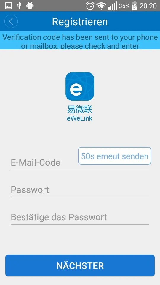 Validierungscode wird gesendet