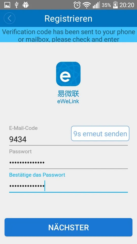 Validierungscode eingeben und Passwort setzen