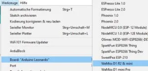 Auswahl des Treibers für den ESP-12F Witty Cloud