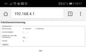 Screenshot Schrittmotorsteuerung (mobile Ansicht)
