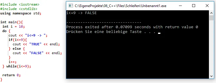 Quellcode und Ausgabe der Do-While Schleife