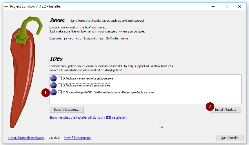 Projekt Lombok - zusätzlich hinzugefügte Eclipse installation