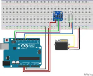 Schaltung - Geestensensor ADPS9960, RGB NeoPixel WS1812b, Servo 9g am Arduino UNO